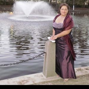 Beaded Satin Camille Mermaid Gown iridescent plum color